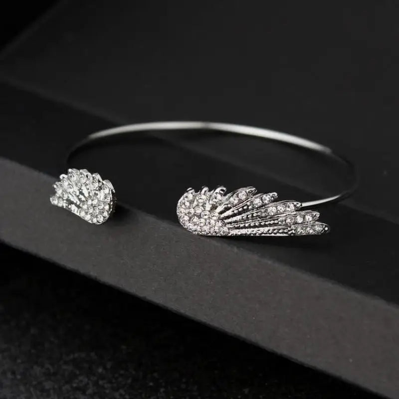Wholesale Angel Wings Bracelet Adjustable Women Silver Cuff Feather Jewelry Gift Open Bracelet Silver Crystal Pulseira