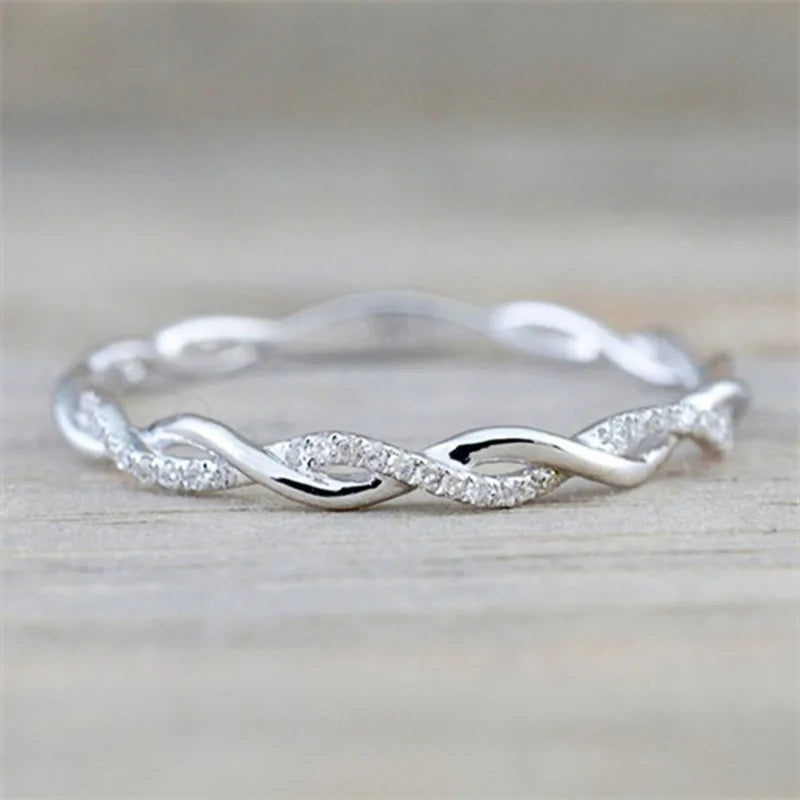 Huitan Simple Stylish Women Thin Rings Fancy Twist Band Shiny Crystal Cubic Zircon Daily Wear Versatile Jewelry Minimalist Gift