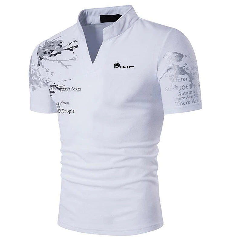 Graphic Print V-Neck Polo β Men's Streetwear Golf Shirt