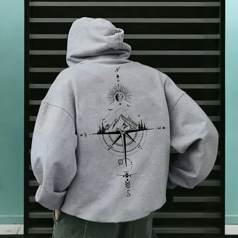 Vintage Compass Print Hoodie — Men's Casual Pullover Sweatshirt