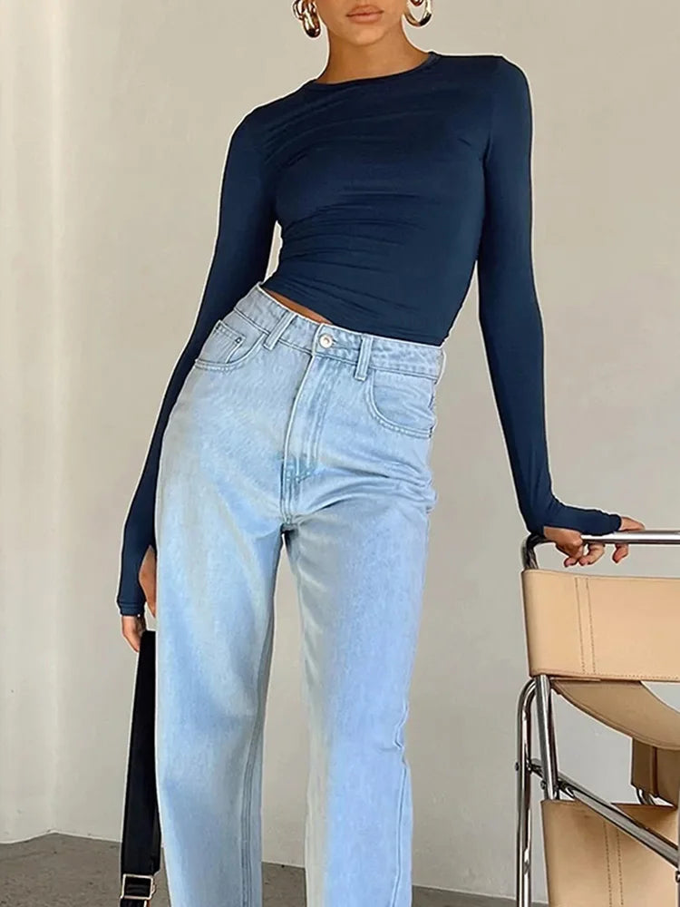 Thumbhole Crop Tee — Women's Slim Fit Long Sleeve Streetwear Top