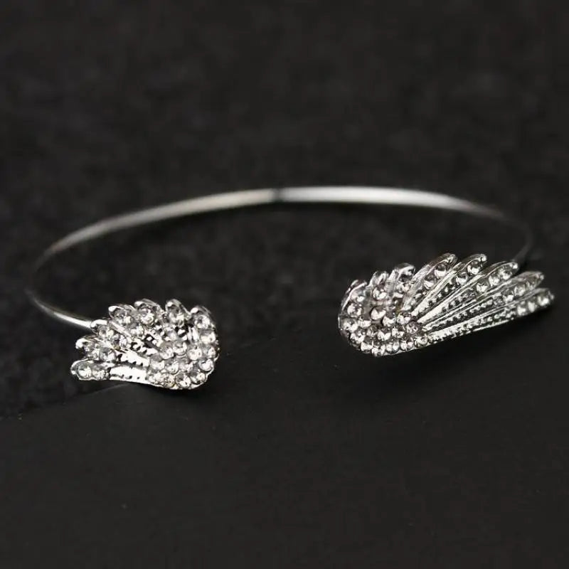 Wholesale Angel Wings Bracelet Adjustable Women Silver Cuff Feather Jewelry Gift Open Bracelet Silver Crystal Pulseira