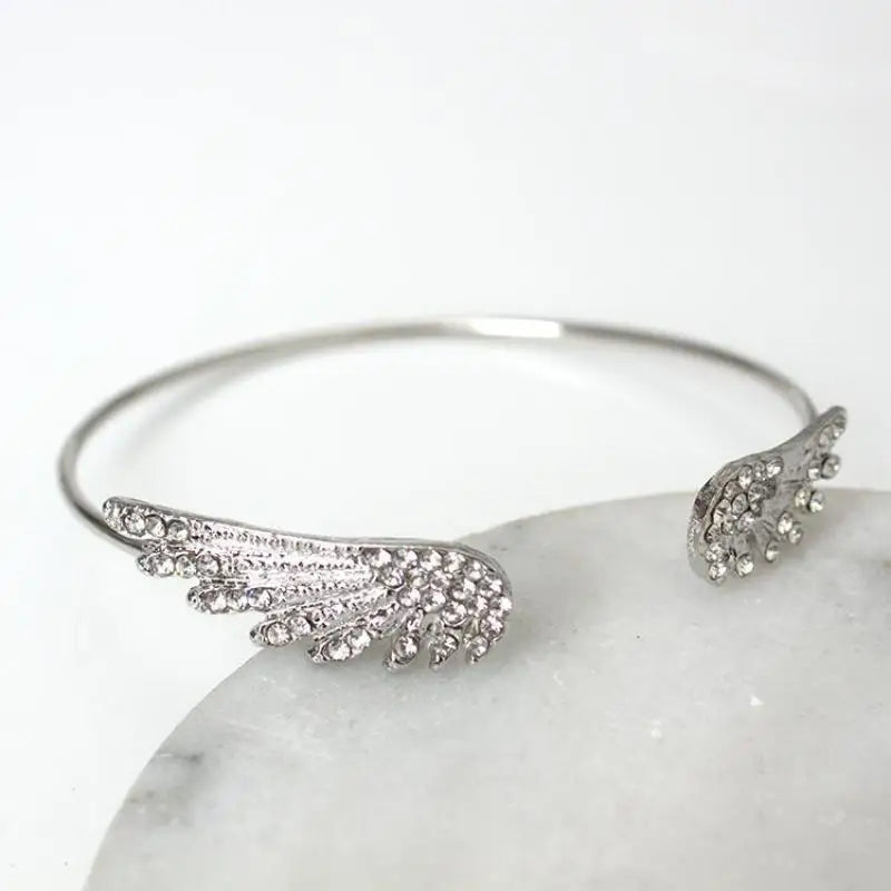 Wholesale Angel Wings Bracelet Adjustable Women Silver Cuff Feather Jewelry Gift Open Bracelet Silver Crystal Pulseira