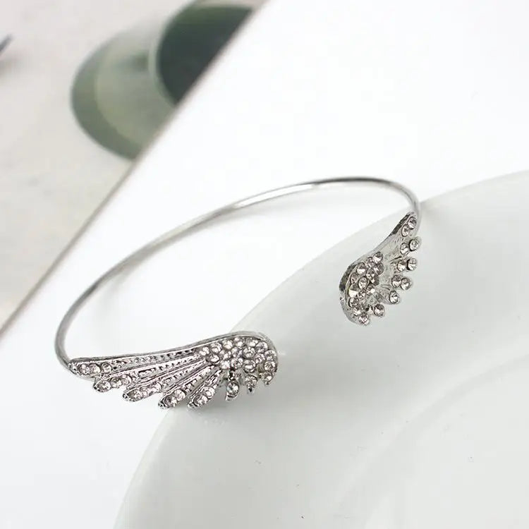 Wholesale Angel Wings Bracelet Adjustable Women Silver Cuff Feather Jewelry Gift Open Bracelet Silver Crystal Pulseira