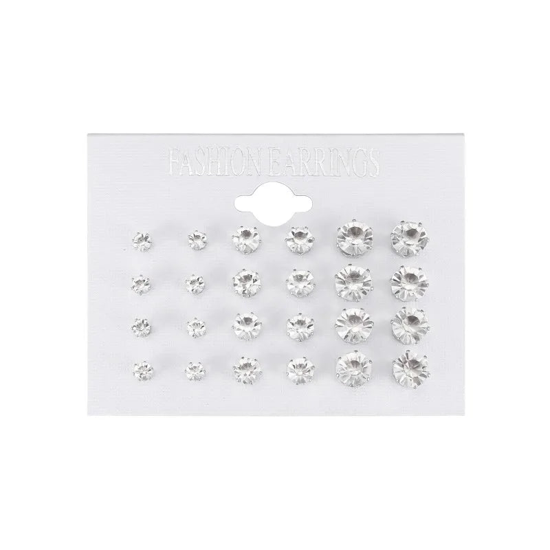 New 12 Pairs Of White Shiny Wedding Stud Earrings Set For Women/ Men Crystal Jewelry Accessories