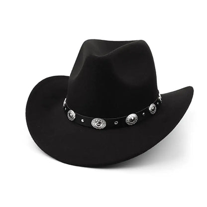 Womens Western Cowboy Hats Studded Pinched Western Cowgirl Hats Wide Brim Fedoras Hat With Belt Buckle Vacation Party Hat