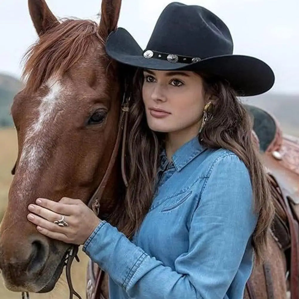 Womens Western Cowboy Hats Studded Pinched Western Cowgirl Hats Wide Brim Fedoras Hat With Belt Buckle Vacation Party Hat