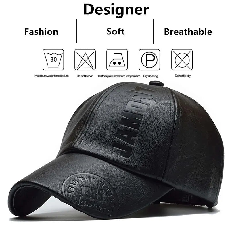 Faux Leather Letter Print Cap — Unisex Adjustable Baseball Hat