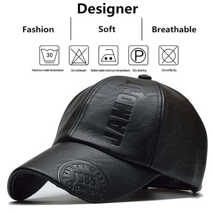 Faux Leather Letter Print Cap — Unisex Adjustable Baseball Hat
