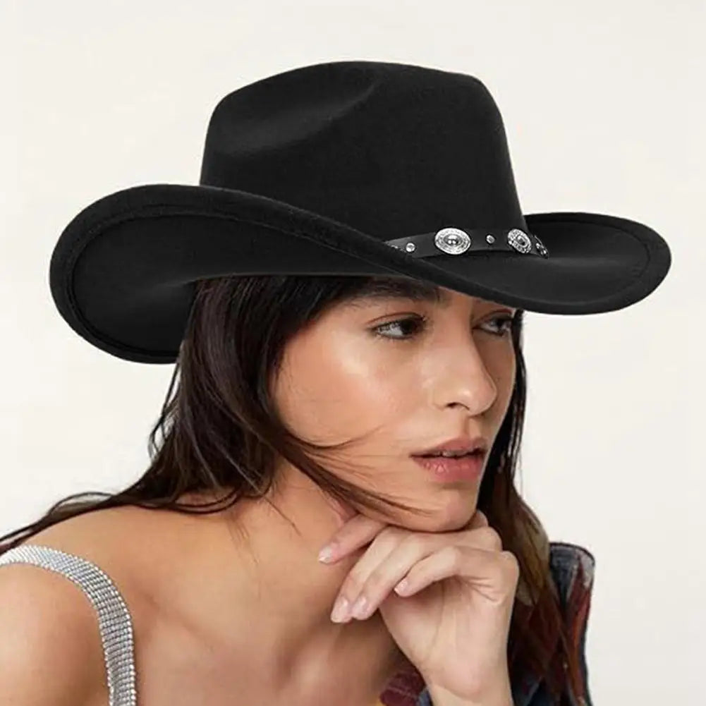 Womens Western Cowboy Hats Studded Pinched Western Cowgirl Hats Wide Brim Fedoras Hat With Belt Buckle Vacation Party Hat