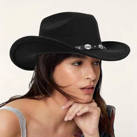 Womens Western Cowboy Hats Studded Pinched Western Cowgirl Hats Wide Brim Fedoras Hat With Belt Buckle Vacation Party Hat