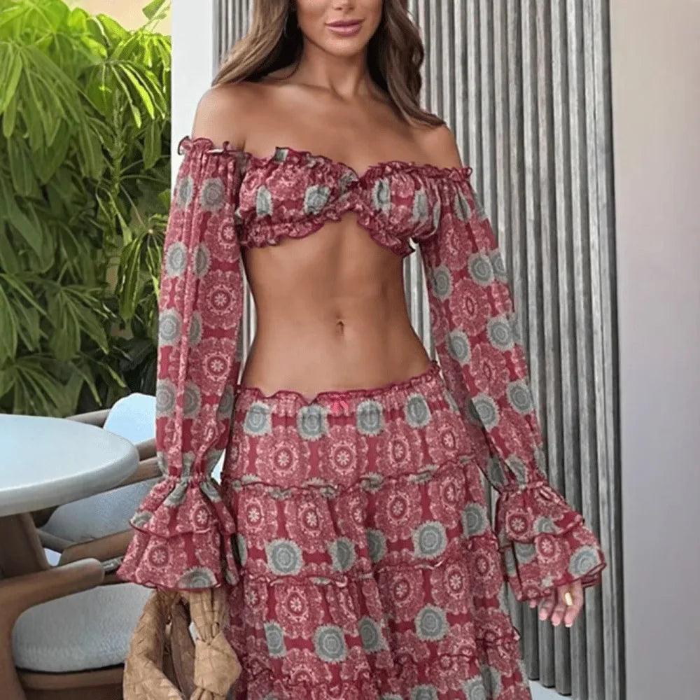 Vintage Print Skirt Two Piece Set Women Sexy Off Shoulder Cropped Top