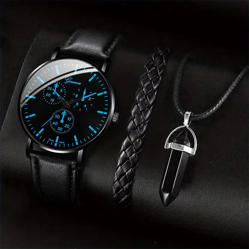 3PCS Mens Casual Business Watch Set Leather Band Quartz