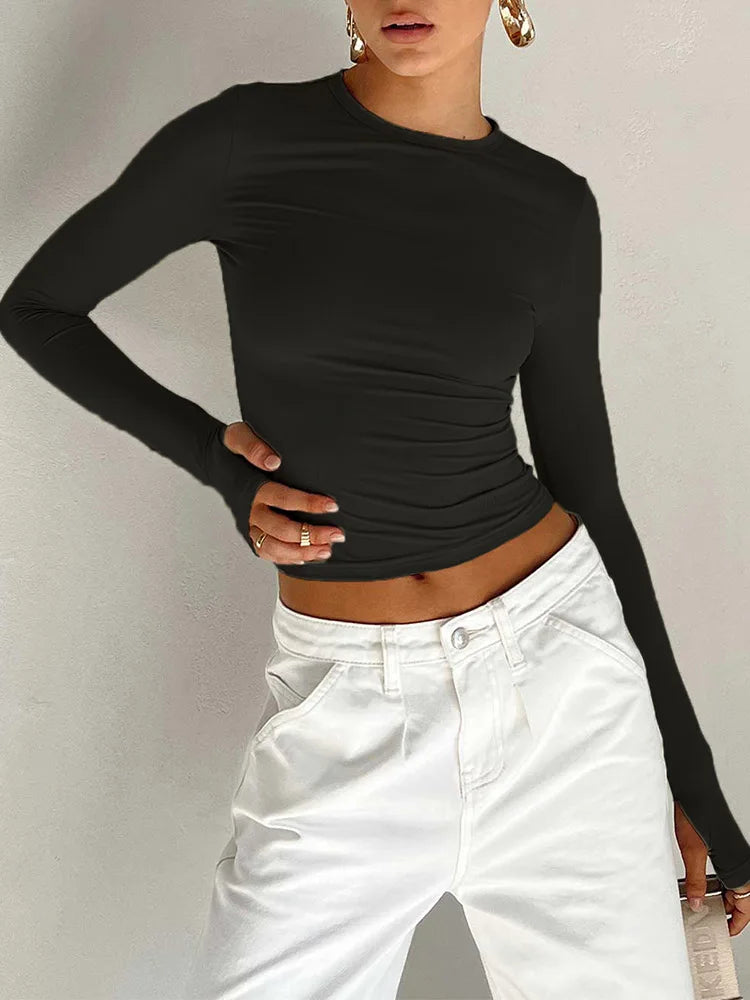 Thumbhole Crop Tee — Women's Slim Fit Long Sleeve Streetwear Top