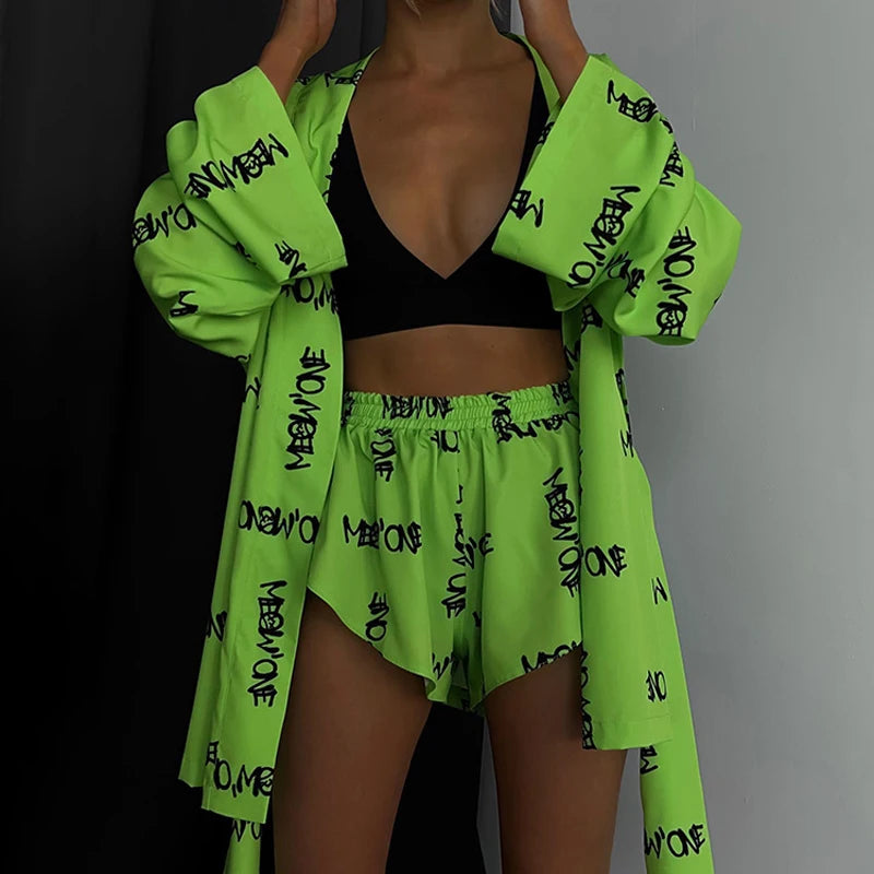 Loose Print 2 Piece Womens Shirts Set Casual Lace Up