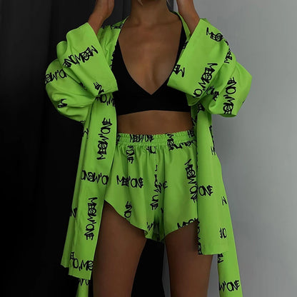 Shorts Set Homewear Fashion Loose Print 2 Piece Sets Womens Outfits Casual Lace Up Long Sleeve Robes With High Waist Pajama 2023