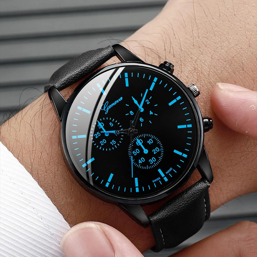 3PCS Mens Casual Business Watch Set Leather Band Quartz
