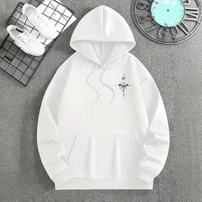 Vintage Compass Print Hoodie — Men's Casual Pullover Sweatshirt