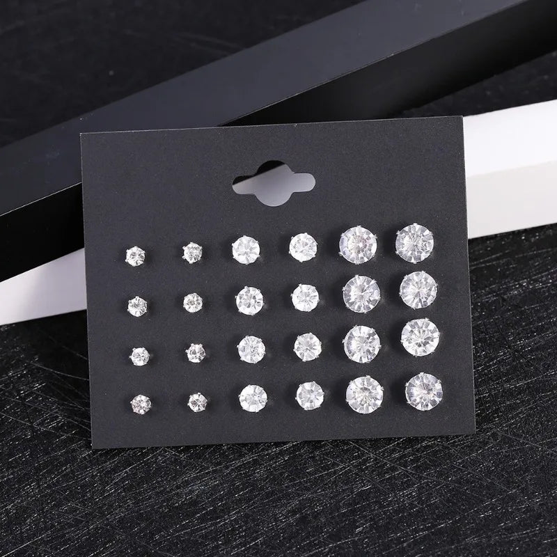 New 12 Pairs Of White Shiny Wedding Stud Earrings Set For Women/ Men Crystal Jewelry Accessories