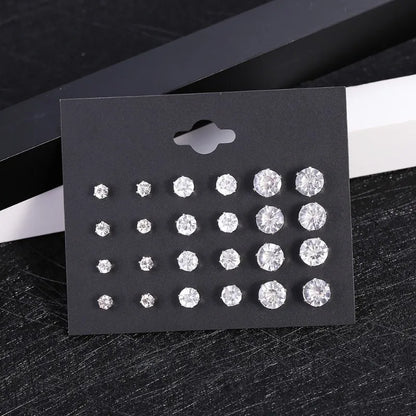 New 12 Pairs Of White Shiny Wedding Stud Earrings Set For Women/ Men Crystal Jewelry Accessories