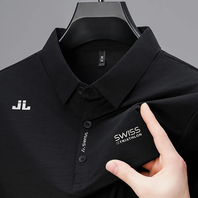 Badge Detail Business Casual Polo — Men's Breathable Short Sleeve Shirt