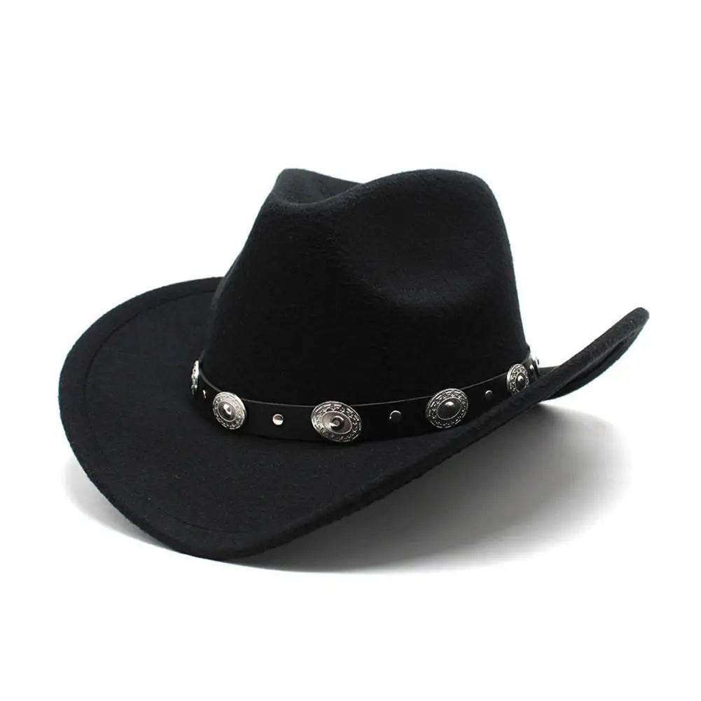 Womens Western Cowboy Hats Studded Pinched Western Cowgirl Hats Wide Brim Fedoras Hat With Belt Buckle Vacation Party Hat
