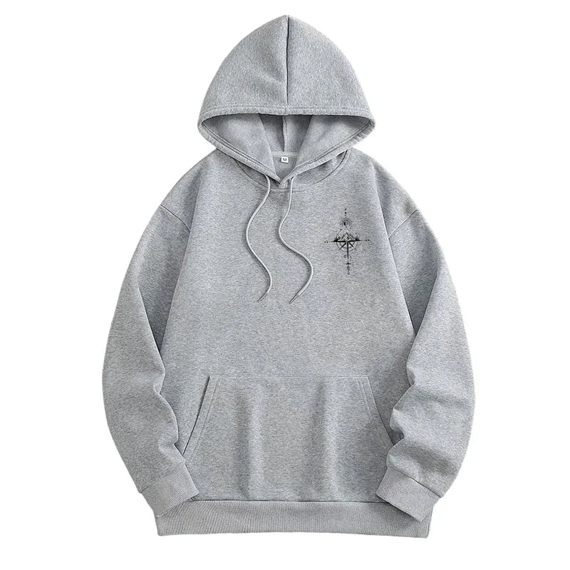 Vintage Compass Print Hoodie — Men's Casual Pullover Sweatshirt