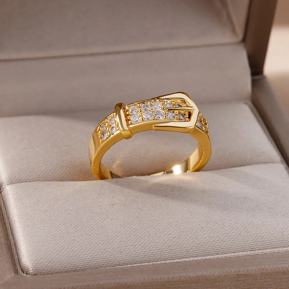 Stainless Steel Belt Rings For Women Zircon Adjustable Belt Finger Ring