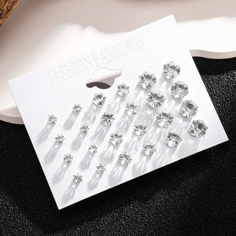 New 12 Pairs Of White Shiny Wedding Stud Earrings Set For Women/ Men Crystal Jewelry Accessories