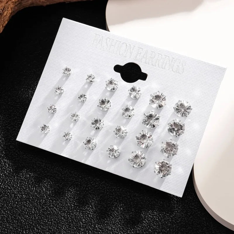 New 12 Pairs Of White Shiny Wedding Stud Earrings Set For Women/ Men Crystal Jewelry Accessories