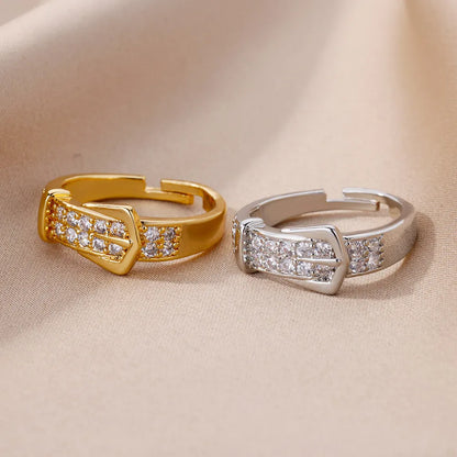 Stainless Steel Belt Rings For Women Zircon Adjustable Belt Finger Ring