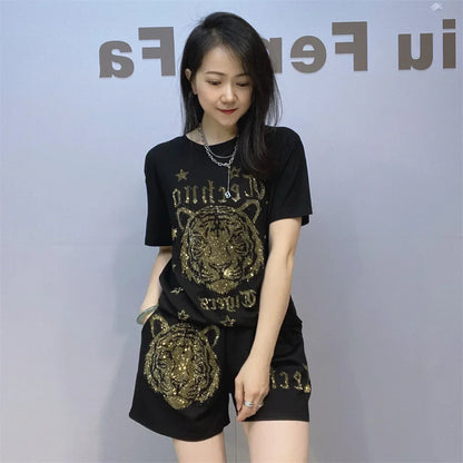 2026 Spring 2 Piece Sets Womens Outfits Cartoon Pattern Diamonds Black Tracksuit Casual Knitting O Neck Tops and Shorts Suits