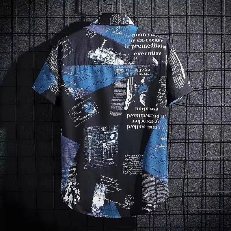 Graffiti Print Short Sleeve Shirt — Men's Loose Fit Beach Shirt