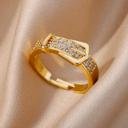 Stainless Steel Belt Rings For Women Zircon Adjustable Belt Finger Ring