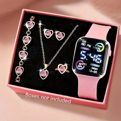 6-piece set of fashion- electronic watch, necklace, earrings, ring set for women, the best choice for a friends gifts