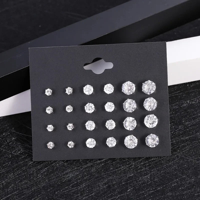 New 12 Pairs Of White Shiny Wedding Stud Earrings Set For Women/ Men Crystal Jewelry Accessories