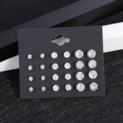 New 12 Pairs Of White Shiny Wedding Stud Earrings Set For Women/ Men Crystal Jewelry Accessories