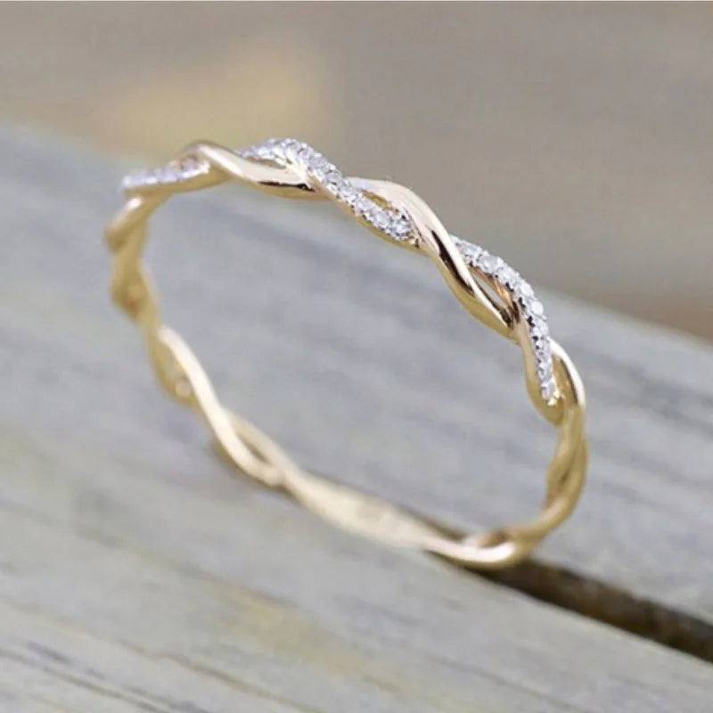 Huitan Simple Stylish Women Thin Rings Fancy Twist Band Shiny Crystal Cubic Zircon Daily Wear Versatile Jewelry Minimalist Gift