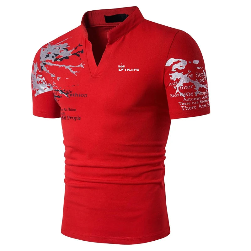 Graphic Print V-Neck Polo — Men's Streetwear Golf Shirt