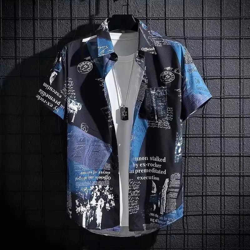 Graffiti Print Short Sleeve Shirt — Men's Loose Fit Beach Shirt