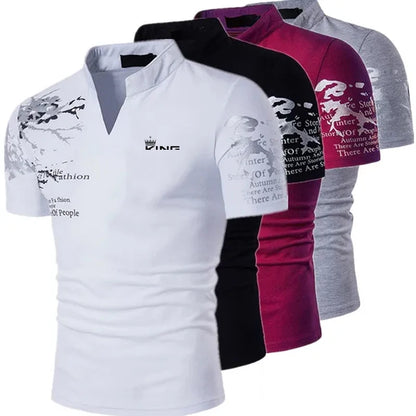 Graphic Print V-Neck Polo — Men's Streetwear Golf Shirt
