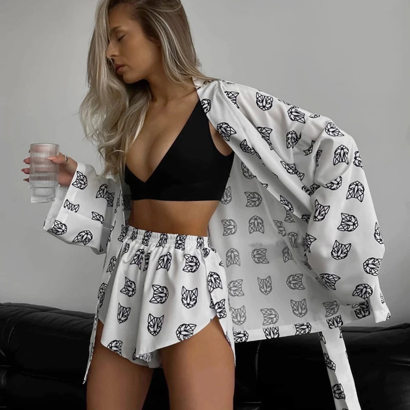 Loose Print 2 Piece Womens Shirts Set Casual Lace Up