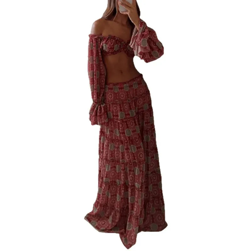 Vintage Print Skirt Two Piece Set Women Sexy Off Shoulder Cropped Top