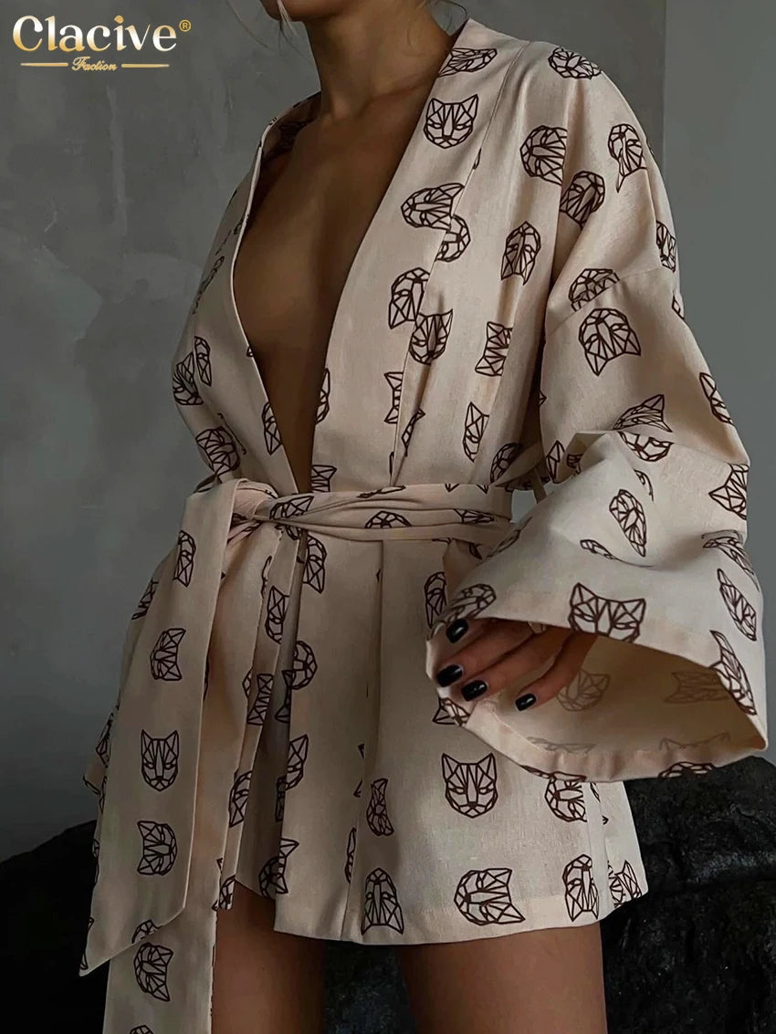 Clacive Fashion Loose Print 2 Piece Sets Womens Outfits Casual Lace-Up Long Sleeve Robes With High Waist Shorts Set Homewear