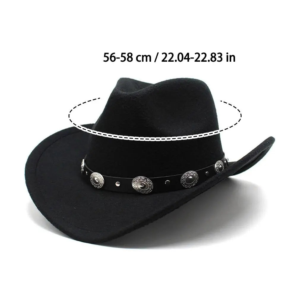 Womens Western Cowboy Hats Studded Pinched Western Cowgirl Hats Wide Brim Fedoras Hat With Belt Buckle Vacation Party Hat