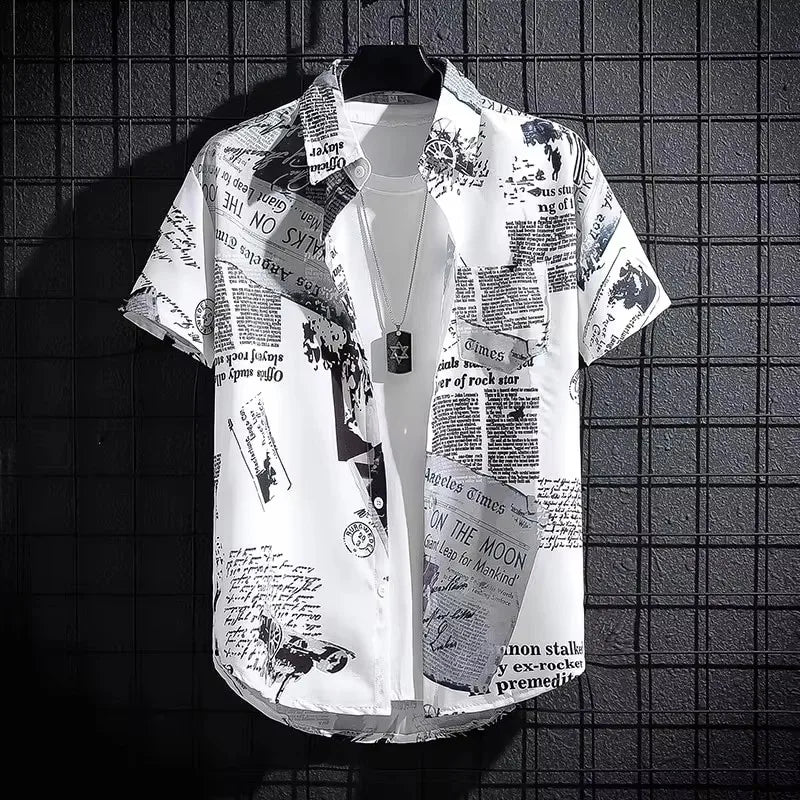 Graffiti Print Short Sleeve Shirt — Men's Loose Fit Beach Shirt