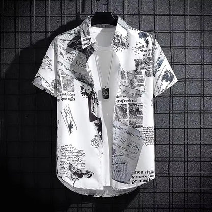 Graffiti Print Short Sleeve Shirt — Men's Loose Fit Beach Shirt