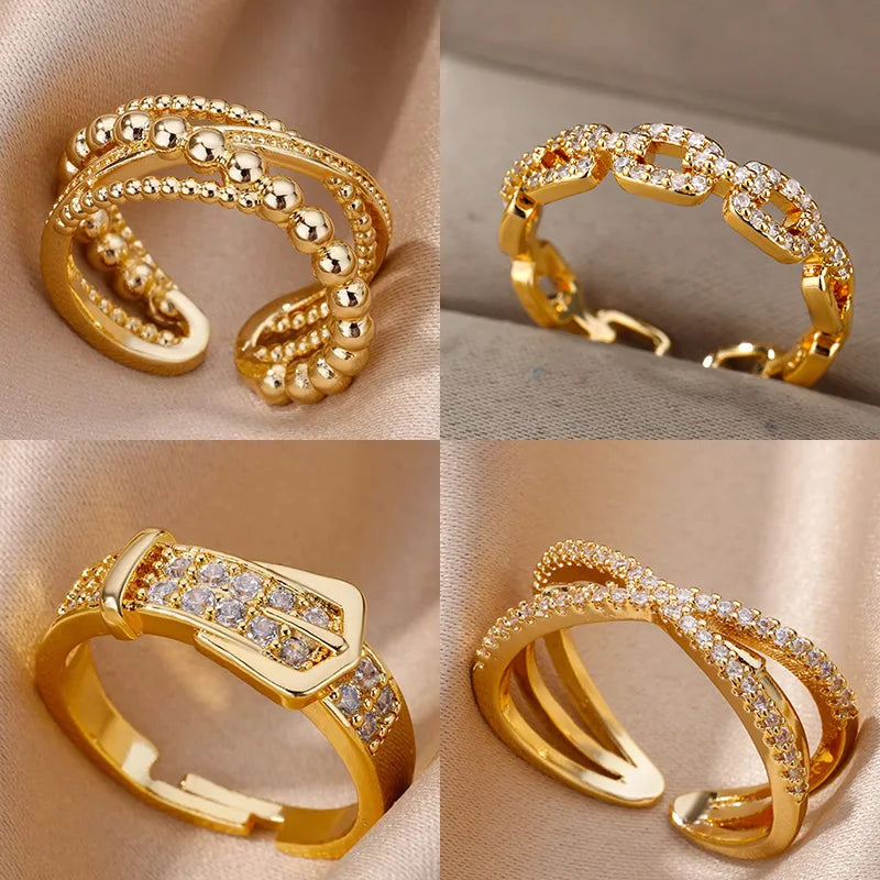 Stainless Steel Belt Rings For Women Zircon Adjustable Belt Finger Ring