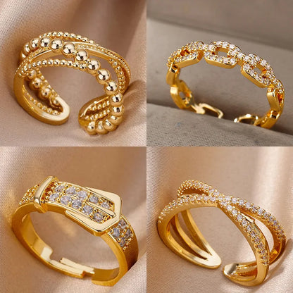 Stainless Steel Belt Rings For Women Zircon Adjustable Belt Finger Ring