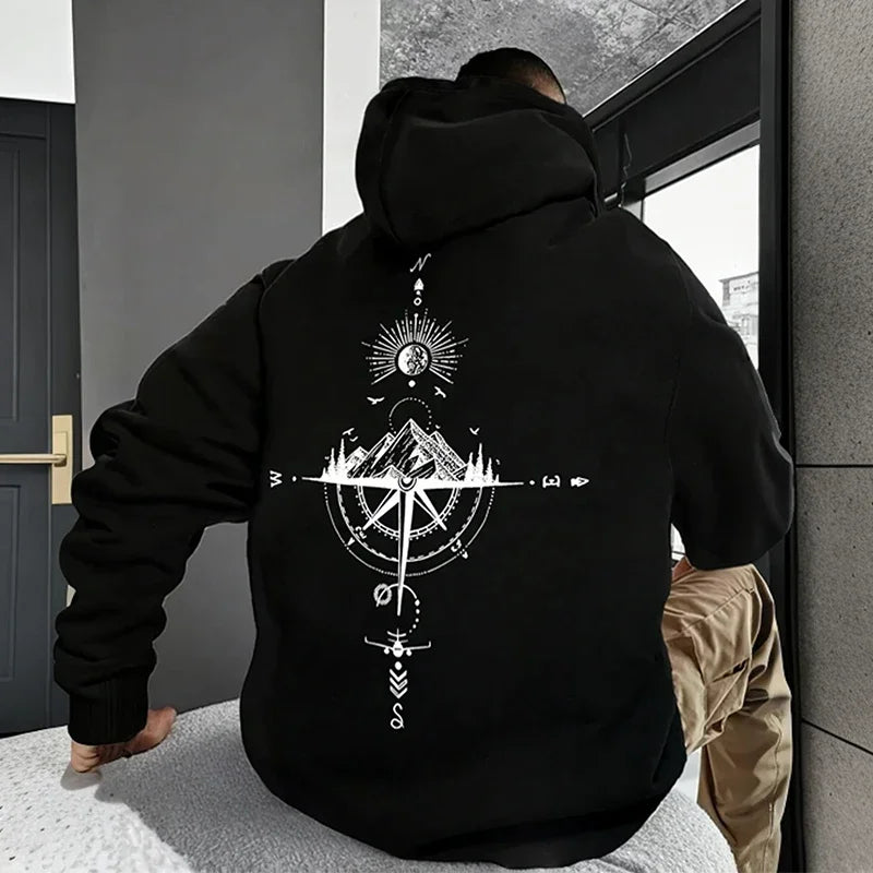 Vintage Compass Print Hoodie — Men's Casual Pullover Sweatshirt